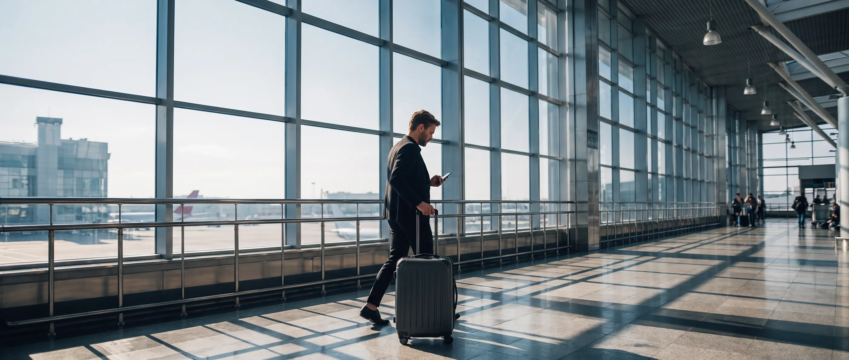 Traveller checking their phone in an airport terminal
