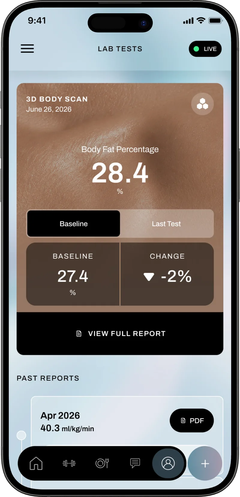 The Longevix app showing a body composition scan