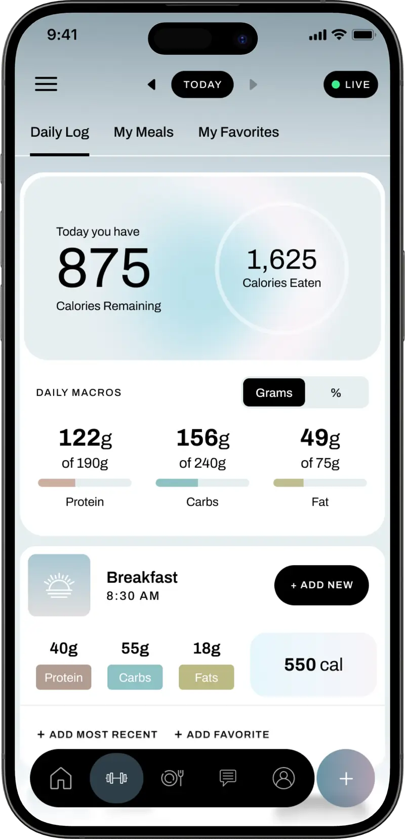 The Longevix app showing the day's calories and macros